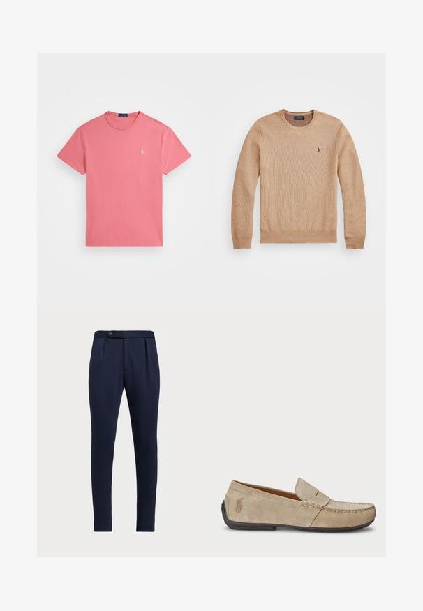 Bež pleteni pulover z okroglo izrezom, rebrastimi manšeti in robom ter majhnim vezenim logotipom na levi prsni strani.; Roza bombažna majica s kratkimi rokavi in okroglo ovratnikom. Ima majhen vezen logotip na levem prsnem delu. Gladka tekstura.; Temno modri hlače po meri z ravnim sprednjim delom, dvema sprednjima pregiboma in z enim gumbom za zapiranje, iz gladkega teksturiranega materiala.; Bež nubuk loafers s šivano podrobnostjo, ravnim gumijastim podplatom in majhnim logotipom ob strani. Klasična zasnova za enostavno obuvanje, mehak material.