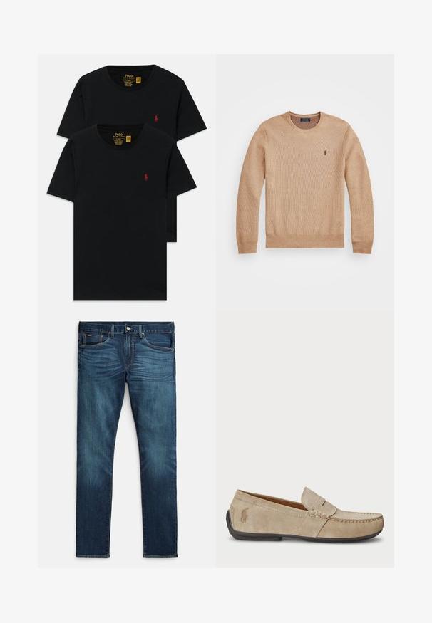 Beige strikkegenser med rund hals, ribbestrikkede mansjetter og kant, samt en liten brodert logo på venstre bryst.; Svarte bomull crew neck t-skjorter i en pakke med to, med en liten rød brodert logo på brystet. Skreddersydd slim fit design.; Mørkeblå jeans laget av denim, med smal passform, fem lommer, kontrasterende oransje søm og rett ben-design.; Beige mokasiner i semsket skinn med en sydd detalj, flat gummisåle og en liten logo på siden. Klassisk slip-on-design, myk tekstur.