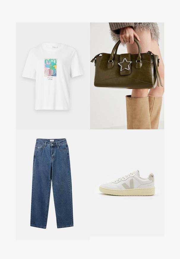 Zeleno-biely pruhovaný sveter s voľným strihom, širokými rukávmi a rebrovanými manžetami. Vyrobený z jemnej, textúrovanej pleteniny.; Biele tričko s krátkym rukávom s farebným abstraktným grafickým dizajnom v ružovej, zelenej, modrej a žltej farbe so čiernym textom na spodnej strane.; Klasické modré džínsy z denimu so strihom rovného strihu, piatimi vreckami a zapínaním na gombík. Majú stredné praním a pevnú textúru.; Biele kožené tenisky s béžovými semišovými akcentmi, perforovanou špičkou, plochými šnúrkami a textúrovanou krémovou podrážkou. Obsahujú jemné označenie na päte.; Olive zelená kabelka z faux kože s striebornou hviezdou, dvojitými uchami a zipsovým uzáverom. Textúrovaný povrch a štruktúrovaný tvar.