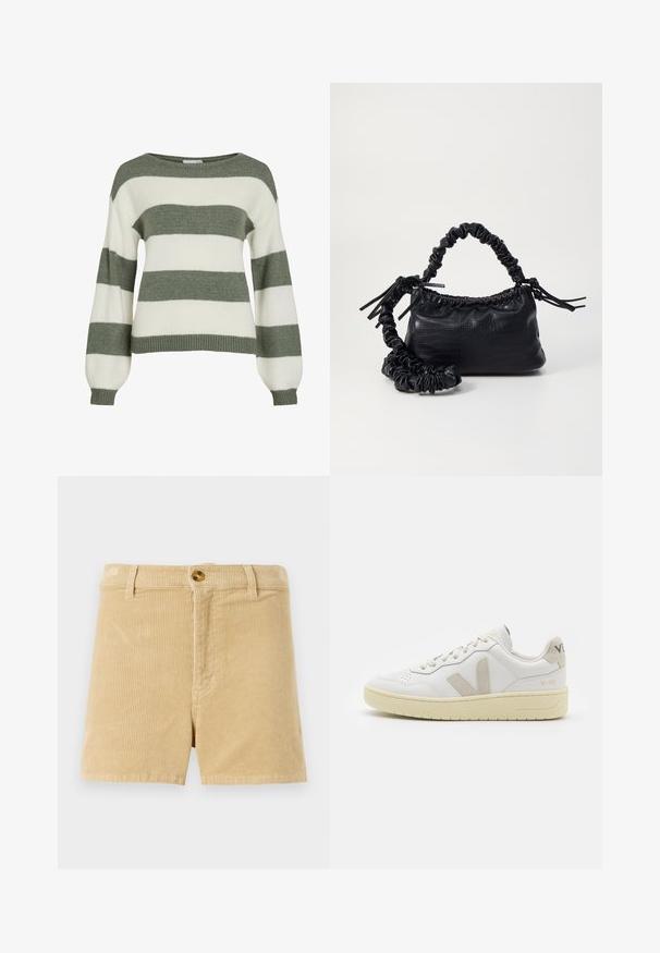 Pull rayé vert et blanc, avec une coupe décontractée, des manches larges et des bords côtelés. Fabriqué en matière tricotée douce et texturée.; Shorts en velours côtelé khaki avec un motif texturé en relief, dotés d'une fermeture à bouton à l'avant et de deux poches latérales. Design classique à coupe droite.; Baskets blanches en cuir avec des accents en daim beige, boîte à orteils perforée, lacets plats et semelle texturée crème. Présente un logo discret au talon.; Sac à main en simili cuir noir avec une texture crocodile, un dessus resserré et une sangle froncée. A l'apparence douce et compacte.