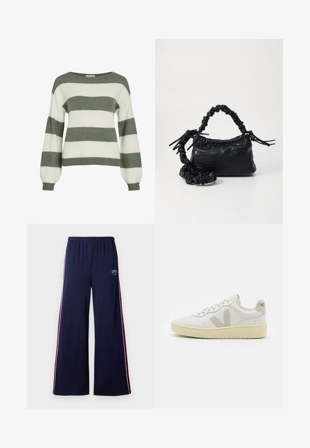 Groen en wit gestreepte trui, met een relaxte pasvorm, brede mouwen en geribbelde manchetten. Gemaakt van zachte, gestructureerde breimateriaal.; Navyblauwe brede sweatpants met elastische tailleband, witte en bordeauxrode zijstrepen, en klein GAP NYC-logo op de linker bovenbeen.; Witte leren sneaker met beige suède accenten, geperforeerde neus, platte veters en een gestructureerde crèmekleurige zool. Heeft subtiele branding op de hak.; Zwarte nepleer handtas met een krokodillenstructuur, opgedroogde bovenkant en een gekreukte hengsel. Het lijkt zacht en compact van ontwerp.