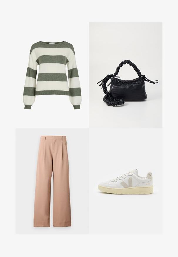 Zeleno-bela prugasta majica, ki ima sproščen kroj, široke rokave in rebraste manšete. Izdelana iz mehke, teksturirane pletenine.; Bež hlače širokih nogavica z zankami za pas, z drafini na pasu in ravnim sprednjim delom, prikazane na enobarvni beli podlagi.; Bela usnjena tenisača z bež semiš poudarki, perforiranim prednjim delom, ravnimi vezalkami in strukturiranim kremnim podplatom. Ima diskretno blagovno znamko na peti.; Črna torbica iz umetnega usnja s krokodilovo teksturo, z zvitim vrhom in zmečkano naramico. Zdi se mehka in kompaktna v oblikovanju.