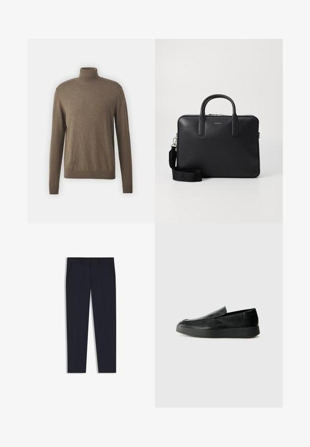 Smeđi pulover s visokim ovratnikom izrađen od mekanog materijala, s dugim rukavima, rebrastim ovratnikom i rubovima, glatke i ravnomjerne teksture.; Mornarske hlače s krojem prilagođenim figuri, koje sadrže dva prednja džepa, ravno rezanje i glatku teksturu. Nema vidljivih uzoraka ili ukrasnih elemenata.; Calvin Klein HYBRID CUP - Obuća za navlačenje - triple black; Crna kožna aktovka s teksturiranom površinom, dvostrukim ručkama, odvojivim remenom za rame i detaljem s logom sprijeda. Zatvaranje na zatvarač.