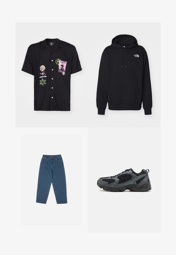 Schwarzer Hoodie aus weichem Material, mit einer Taschenfront, einer Kapuze mit Kordelzug und kleinem weißem Logo auf der oberen linken Brust.; Schwarz kurzärmliges Hemd mit verschiedenen bunten Grafiken, darunter ein pinkfarbener Stempel-Design und grüne Akzente, mit Knopfverschluss vorne.; Weißes Langarm-T-Shirt aus Baumwolle. Rundhals-Design mit gerippten Bündchen und kleinem Logo auf dem linken Ärmel. Glatte Textur.; Blaue Jeans aus Denim mit entspannter Passform, hoher Taille, Fünf-Taschen-Design und gesteppter Akzente. Mit einem Knopf- und Reißverschluss ausgestattet.; Schwarz und graue Sportschuhe mit einem strukturierten Mesh-Obermaterial, Gummisohle und unterstützendem Design. Verfügt über ein Logo und ein Schnürsystem.