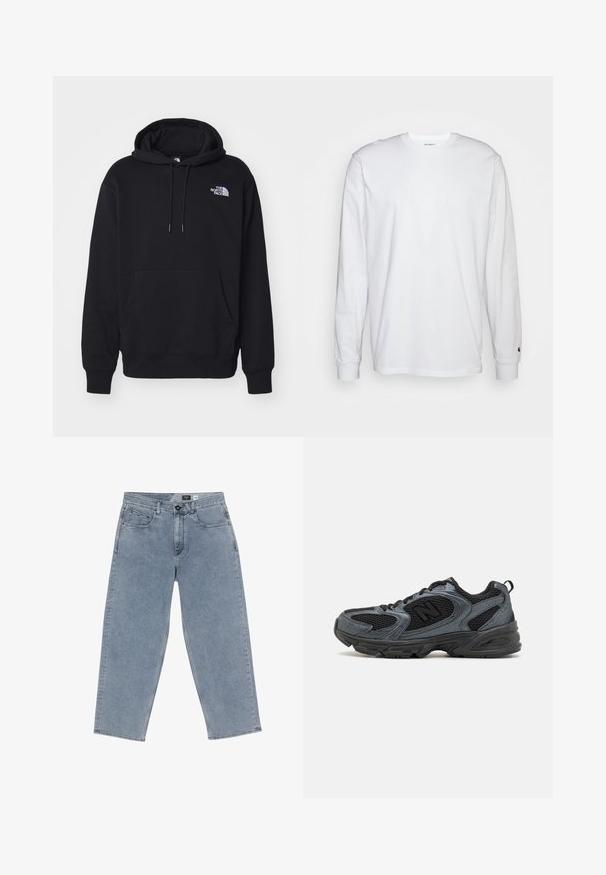 Haut à capuche noir en tissu doux, doté d'une poche avant, d'une capuche avec cordon de serrage et d'un petit logo blanc sur la poitrine, à gauche.; T-shirt blanc à manches longues en coton. Design à col rond avec des poignets côtelés et un petit logo sur la manche gauche. Texture lisse.; Jean large en denim bleu clair avec fermeture à bouton, cinq poches et jambes droites. Texture douce, décoloration minimale et couture soignée.; Baskets de sport noires et grises avec un dessus en maille texturée, semelle en caoutchouc et design de soutien. Comprend un logo et un système de laçage.