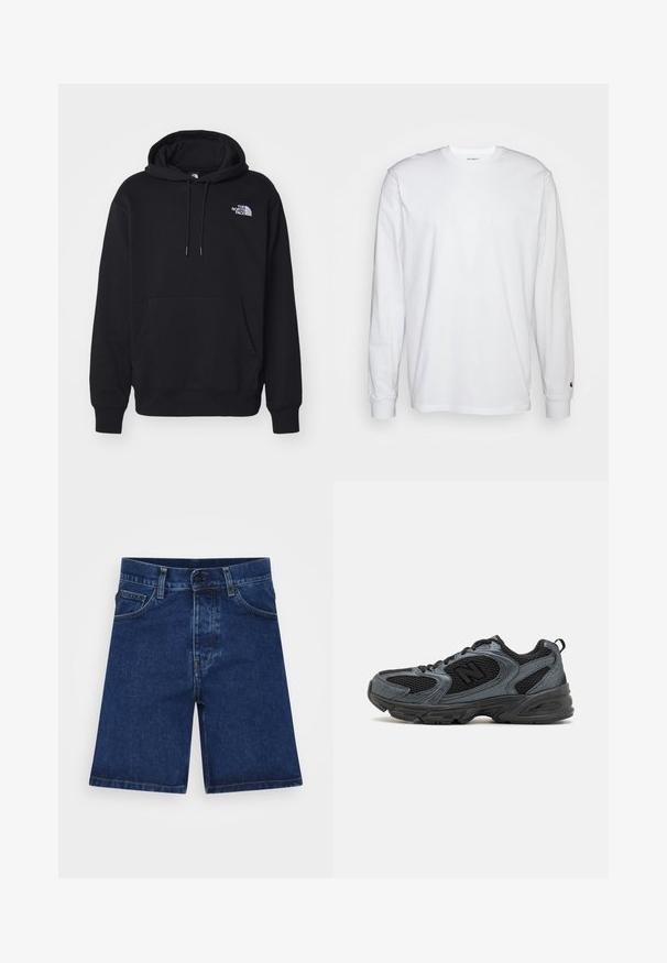 Sudadera negra hecha de tela suave, con un bolsillo frontal, capucha con cordón y un pequeño logo blanco en la parte superior izquierda del pecho.; Camiseta blanca de manga larga hecha de algodón. Diseño de cuello redondo con puños acanalados y un pequeño logo en la manga izquierda. Textura suave.; Shorts de mezclilla azul oscuro con un corte recto, diseño de cinco bolsillos y cierre de botón. Presentan un ligero desgaste y costura estándar.; Zapatillas deportivas en negro y gris con parte superior de malla texturizada, suela de goma y diseño que brinda soporte. Presenta logo y sistema de cordones.