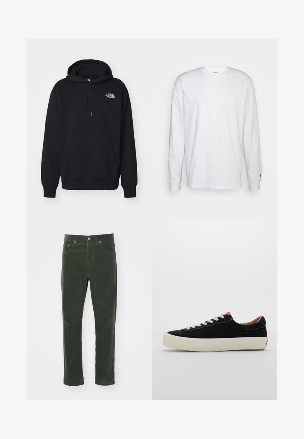 Čierna mikina s kapucňou vyrobená z mäkkej látky, s predným vreckom, kapucňou so šnúrkou a malým bielym logom na hornej ľavej časti hrude.; Biela dlhá bavlnená tričko s dlhým rukávom. Dizajn s okrúhlym výstrihom a rebrovanými manžetami, malá nášivka na ľavom rukáve. Hladká textura.; Zelené kordové nohavice so strihom rovného nohavic, obsahujúce päť vreciek, metalický gombík na zapínanie a textúrovaný rebrovaný povrch.; Čierne textilné tenisky s bielymi šnúrkami, béžovou gumovou podrážkou a červeným akcentom na päte. Zakrivená špička a minimálne prešívanie.