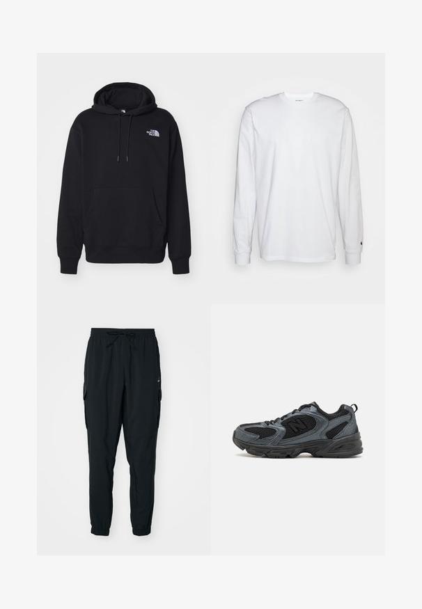 Black hoodie made of soft fabric, featuring a front pocket, drawstring hood, and small white logo on the upper left chest.; White long-sleeved T-shirt made of cotton. Crew neck design with ribbed cuffs and a small logo on the left sleeve. Smooth texture.; New Balance CLASSICS JOGGER - Tracksuit bottoms - black; Black and grey athletic shoes with a textured mesh upper, rubber sole, and supportive design. Features logo and lacing system.