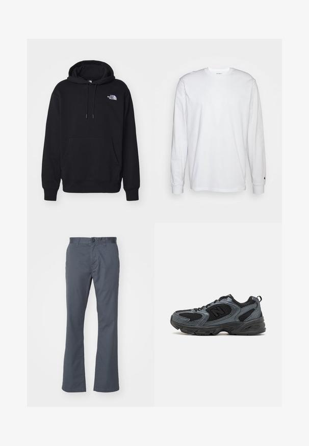 Zwarte hoodie van zacht materiaal, met een voorzak, een trekkoord aan de capuchon en een klein wit logo op de bovenste linkerborst.; Witte lange mouwen T-shirt van katoen. Ronde hals ontwerp met ribgebreide manchetten en een klein logo op de linkermouw. Gladde textuur.; Donkergrijze, recht gesneden broek van een katoenmix, met een knoopsluiting aan de voorkant, riemlussen en standaardzakken. Gladde textuur.; Zwarte en grijze atletische schoenen met een gestructureerde mesh bovenkant, rubberen zool en ondersteunend ontwerp. Bevat logo en vetersysteem.