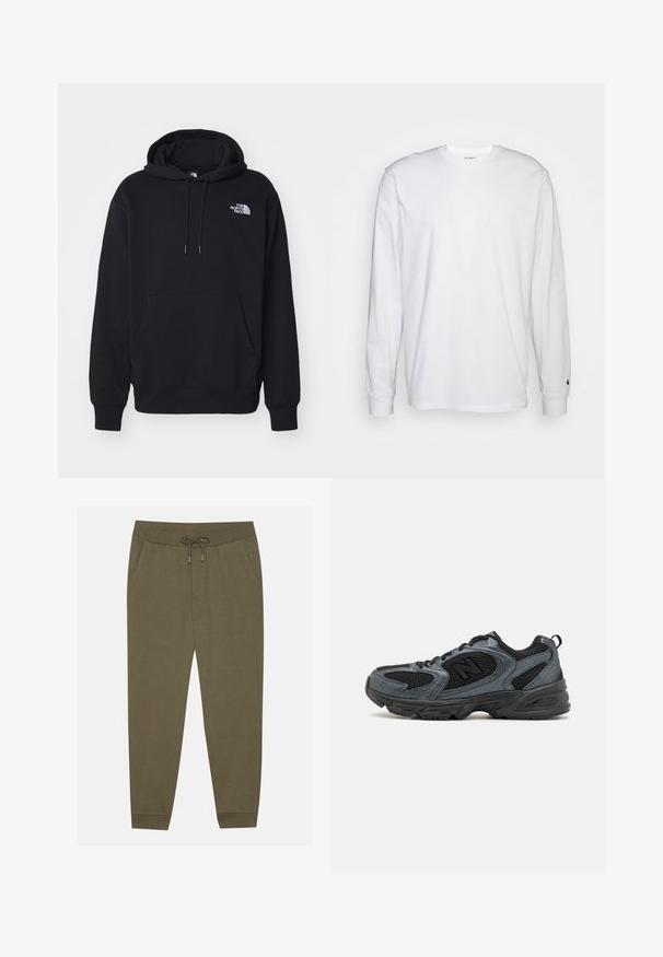 Černá mikina s kapucí vyrobená z měkkého materiálu, obsahující přední kapsu, stahovací šňůrku a malé bílé logo na levé horní části hrudi.; Bílá dlouhá tričko s dlouhými rukávy vyrobené z bavlny. Design s kulatým výstřihem, žebrované manžety a malé logo na levém rukávu. Hladká textura.; Olivově zelené jogger kalhoty s elastickým pasem, stahovací šňůrkou, bočními kapsami a zúženými nohavicemi. Vyrobené z měkké látky s hladkým povrchem.; Černé a šedé sportovní boty s texturovaným síťovaným svrškem, gumovou podrážkou a podpůrným designem. Obsahují logo a systém zavazování.