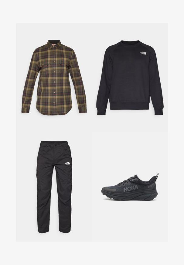 Zwarte sweatshirt met geribde ronde hals, lange raglanmouwen en een klein wit logo op de linkerborst. Gemaakt van zachte, duurzame stof.; Groen en marineblauw geblokt flanellen shirt met lange mouwen, knoopsluiting aan de voorkant, twee borstzakken en een gebogen zoom. Heeft rode details in het patroon.; Zwarte cargobroek van lichtgewicht stof. Voorzien van ritszakken aan de zijkant en een logo op de linker bovenbeen. Recht model.; Zwarte Hoka hardloopschoen met een bovenwerk van mesh, textuurdetails en een dikke, gevoerde zool met taps toelopende randen voor verbeterde ondersteuning.