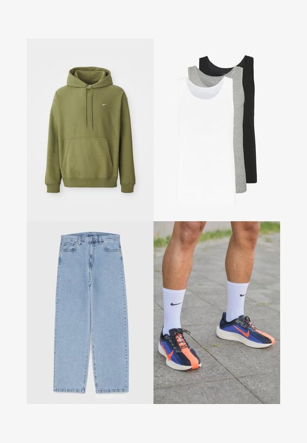 Olijfgroene hoodie met voorzak, verstelbare trekkoordkap, ribgebreide mouwen, zoom en een klein wit Nike-swoosh op de borst.; Drie tanktops in wit, grijs en zwart. Elke tanktop heeft een klassiek mouwloos ontwerp, gemaakt van lichtgewicht katoen met een ribbelstructuur.; Lichtblauwe denim jeans met een recht model, voorzien van een middelhoge taille, vijf zakken en een knoop- en ritssluiting.; Nike hardloopschoenen in marineblauw met oranje accenten. Bovenwerk van mesh voor ademend vermogen, dikke witte zool en zwarte veters. Draagt met witte sokken.