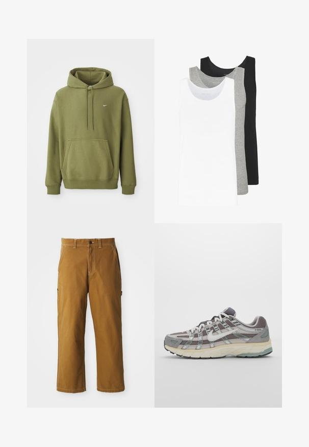 Olivovo zelená mikina s kapucňou, predné vrecko, nastaviteľná kapucňa so šnúrkou, pružné manžety, spodný lem a malý biely Nike swoosh na hrudi.; Tričko bez rukávov v bielej, šedej a čiernej farbe. Každé má klasický dizajn bez rukávov, vyrobené z ľahkej bavlnenej tkaniny s rebrovanou textúrou.; Hnedé bavlnené nohavice s rovnými strihom, zosilnenými švami a bočnými vreckami. Majú zapínanie na gombík a pútka na opasok v páse.; Šedá športová obuv so zvrškom z nylonu a semišu, bielymi akcentmi, polstrovanou podrážkou a jedinečným dizajnom s reflexnými prvkami.