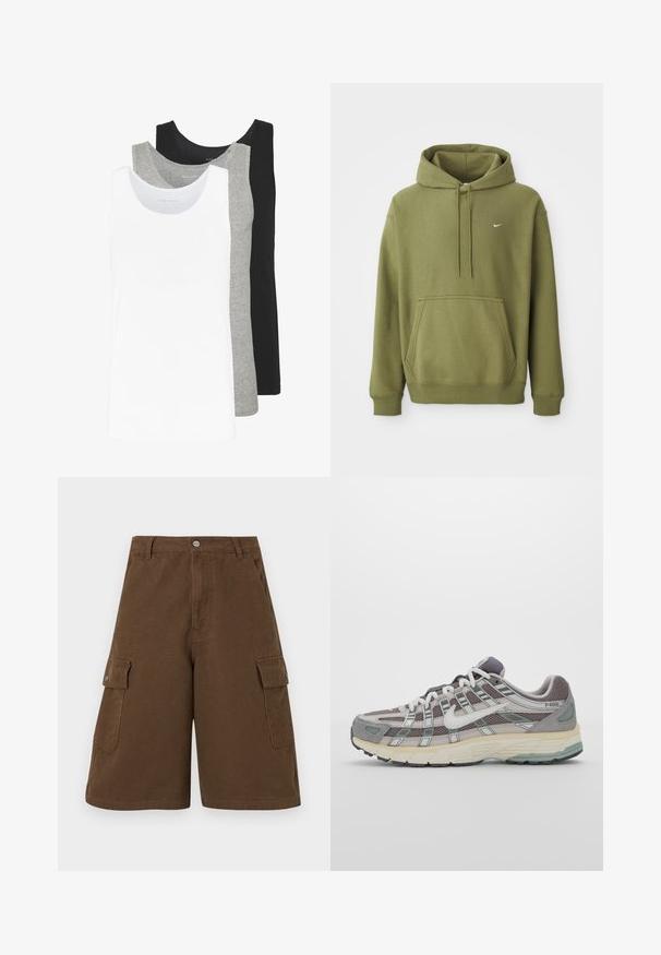 Olivengrønn hettegenser med lomme foran, justerbar snorhette, ribbestrikkede ermer og nederkant, samt liten hvit Nike swoosh på brystet.; Tre tank topper i hvit, grå og svart. Hver av dem har et klassisk ermeløst design, laget av lett bomullsstoff med en ribbestruktur.; Brune cargo shorts med rett snitt, to sidelommer og frontlukking med knapp. Laget av slitesterk bomullsstoff med en matt finish.; Grå treningssko med overdel i nett og semsket skinn, hvite detaljer, en polstret såle, og et særpreget design med reflekterende elementer.