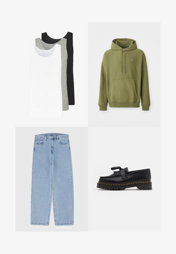 Olivengrøn hoodie med frontlomme, justerbar snoretræk i hætten, ribbede manchetter og kant samt lille hvid Nike swoosh på brystet.; Tre tank tops i hvid, grå og sort. Hver af dem har et klassisk ærmeløst design, lavet af let bomuldsstof med ribbet tekstur.; Lyseblå denimjeans med straight leg-design, der har en mid-rise talje, fem lommer og en lukning med knap og lynlås.; Sort læderloafer med en frynsedetalje, der har en kraftig sort sål og gul syninger langs kanten. Teksturert overflade.