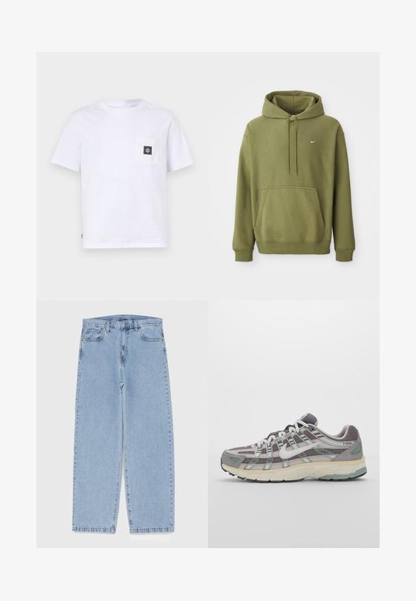 Oliivivihreä huppari, jossa on etu-tasku, säädettävä naruhuppu, ribatut hihansuut ja helma, sekä pieni valkoinen Nike-swoosh rinnassa.; Valkoinen lyhythihainen T-paita, joka on valmistettu puuvillasta. T-paidassa on edessä rintatasku mustalla tarralla. Yksinkertainen muotoilu ja normaali istuvuus.; Vaaleansiniset farkut suoran lahkeen muotoilulla, joissa on puolivälin vyötärö, viisi taskua sekä nappi- ja vetoketjusuljenta.; Harmaa urheilukenkä, jossa on verkko- ja mokkanahkainen yläosa, valkoiset yksityiskohdat, pehmustettu pohja ja erottuva muotoilu heijastavilla elementeillä.