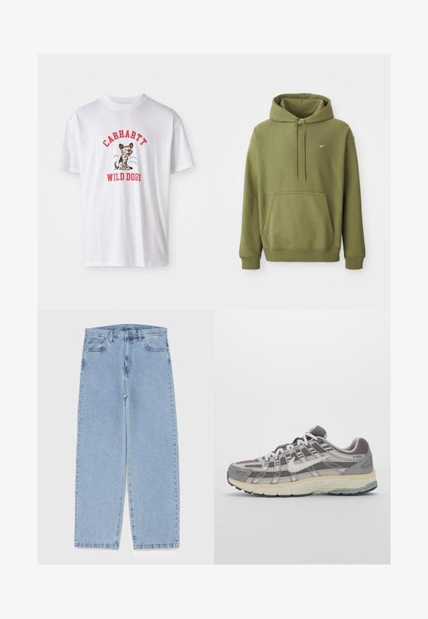 Alyvinių spalvų dėvimas megztinis su priekine kišene, reguliuojamu raišteliu pagaminta kapučino, su įsiuvais ant rankovių ir apvadu, ir mažas baltas Nike iškilmingas ženklas ant krūtinės.; Balta medvilninė marškinėliai su raudonu išsiuvinėtu tekstu "CARHARTT WILD DOGS" ir piešiniu su šunimi priekyje. Trumpomis rankovėmis, apvalia iškirpte.; Šviesiai mėlyni džinsai su tiesiomis kojomis, turintys vidutinio aukščio juosmenį, penkias kišenes ir mygtuko bei užtrauktuko uždarymą.; Pilkas sportinis batas su tinklu ir zomšos viršutine dalimi, baltomis detalėmis, paminkštintu padu ir išskirtiniu dizainu su atspindinčiais elementais.