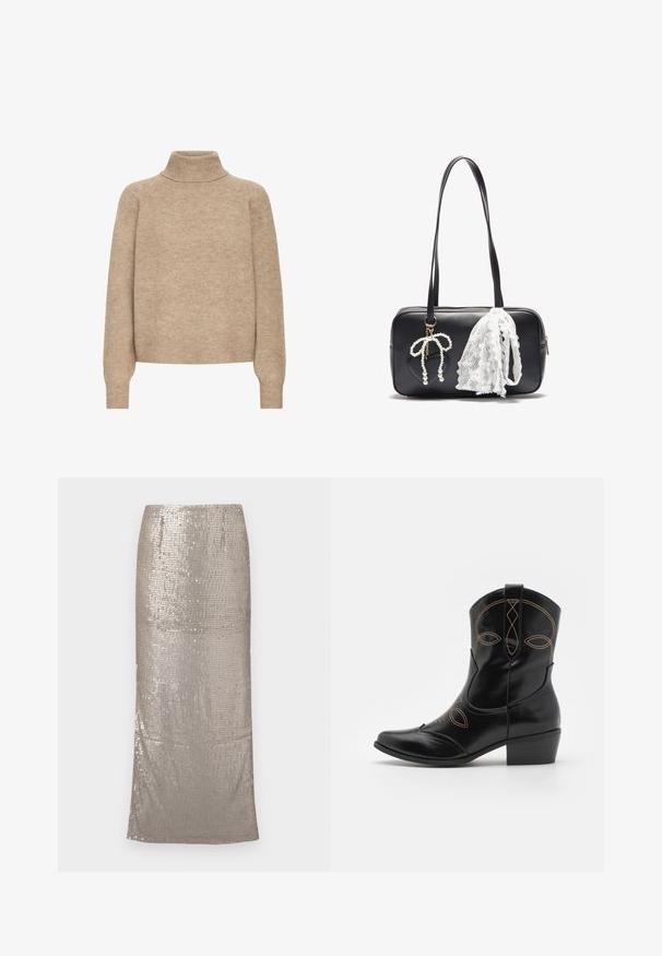 Smėlinis golfas, pagamintas iš minkštos megztos medžiagos. Yra raglano rankovės, su gumuotu kaklu ir rankogaliais, su laisvu kirpimu.; Blizganti sidabrinė midi sijonas, padengtas blizgučiais, su tiesia siluetu ir hemline, kuris ribojasi žemiau kelių. Lygus paviršius.; Juodi odiniai kaubojiški batai su dekoratyviu oranžiniu siuvinėjimu ir išpjovimo dizainu. Turi trumpą pakeltą kulną ir smailią nosį.; Even&Odd Rankinė - black