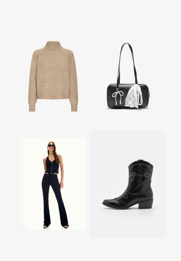 Beige turtleneck sweater made of soft knit fabric. Features raglan sleeves, ribbed neckline, and cuffs with a relaxed fit.; Black cropped tank top with a front zipper, paired with high-waisted black flared pants. Model wears dark sunglasses and high-heeled sandals.; Black leather cowboy boot with decorative orange stitching and cut-out design. Features a short stacked heel and a pointed toe.; Even&Odd Handbag - black
