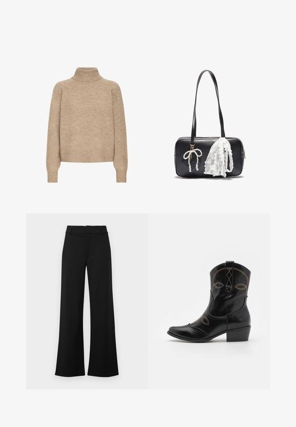 Smėlinis golfas, pagamintas iš minkštos megztos medžiagos. Yra raglano rankovės, su gumuotu kaklu ir rankogaliais, su laisvu kirpimu.; Juodos plačios kelnės su lygiu paviršiumi, turinčios lygų priekį, diržo kilpos ir be matomų kišenių. Švarus, minimalistinis dizainas.; Juodi odiniai kaubojiški batai su dekoratyviu oranžiniu siuvinėjimu ir išpjovimo dizainu. Turi trumpą pakeltą kulną ir smailią nosį.; Even&Odd Rankinė - black