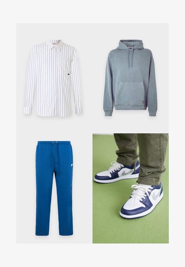 Camisola com capuz azul-claro feita de uma mistura suave de algodão, com bolso canguru, capuz com cordão, punhos canelados e um pequeno emblema de logo.; Camisa branca de mangas longas com finas riscas verticais azuis, colarinho abotoado, um bolso no peito e punhos dobráveis. Textura de tecido suave.; Calças de algodão azuis com cintura elástica e cordão, com um logótipo branco da marca na lateral. Design de perna reta, sem padrões.; Sapatilhas de couro azuis e brancas com biqueira perfurada, atacadores brancos e detalhes em prateado, combinadas com calças verde-oliva sobre uma superfície verde.