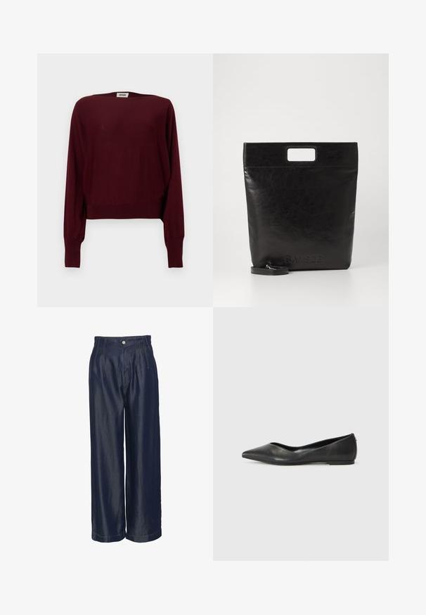 Vinröd långärmad tröja i mjukt material, med vid halsringning, ribbstickade muddar och kort skuren fåll. Sömlös design, jämn textur.; Mörkblå denimbyxor med vida ben och hög midja, prydda med framfåror och guldtråd, slät textur och knappstängning.; Svart läderballettskor med spetsig tå, låg klack och slät yta. Minimalistisk design med en subtil sidopunkt.; Svart läder tote-väska med ett fyrkantigt handtag, med en texturerad yta och präglad logotyp. Inkluderar en avtagbar rem.