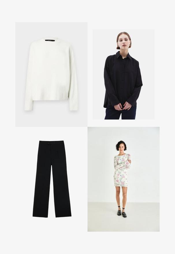 White, knitted sweater with a round neckline, ribbed cuffs and hem. Soft texture and relaxed fit, featuring dropped shoulders.; Black button-up shirt with a collar, long sleeves, and a relaxed fit. Made from smooth fabric, featuring a subtle sheen and no patterns.; Black wide-leg trousers made of smooth fabric, featuring a front button closure and two pleats for added detail. Tailored design overall.; Floral lace mini dress with long sleeves, featuring pink and blue patterns on a cream background. Black loafers with studs and ankle straps.