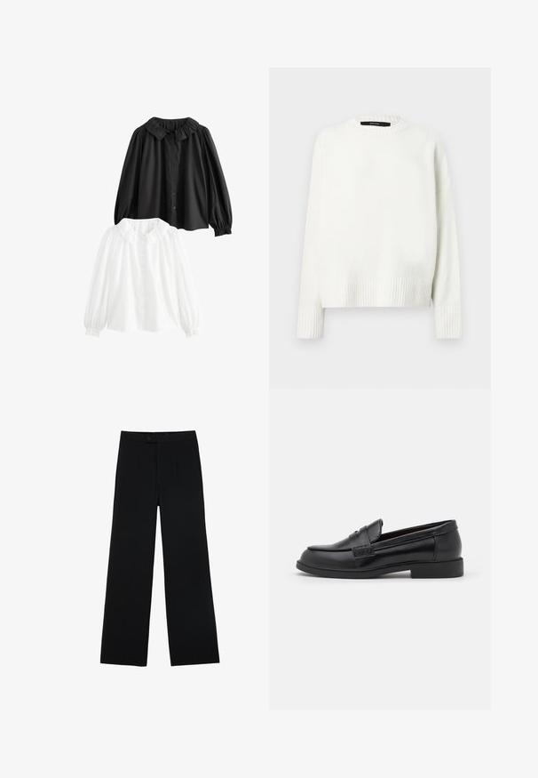 Weißer, gestrickter Pullover mit rundem Ausschnitt, gerippten Bündchen und Saum. Weiche Textur und entspannte Passform mit überschnittenen Schultern.; Zwei Blusen mit Kragen: eine schwarze, eine weiße; beide mit puffärmel, Knopfverschluss und Rüschenkragen. Aus Baumwollmaterial.; Schwarze weit geschnittene Hosen aus glattem Stoff, mit einem Frontknopfverschluss und zwei Falten für zusätzliche Details. Maßgeschneiderter Gesamteindruck.; Schwarze Lederloafers mit glatter Textur, abgerundeter Zehenpartie, gestickten Details auf dem Obermaterial und einer niedrigen, flachen Gummisohle.