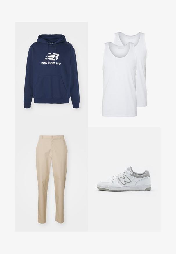 Tamsiai mėlynas gobtuvas su džinsinio audinio kišene, pagamintas iš medvilnės derinio, su balta New Balance logotipu priekyje.; Baltos medvilninės tankų marškiniai su apvaliais kaklais, turintys lygią tekstūrą. Du vienetai rodomi, pažymėti "PIER ONE."; Kreminės spalvos pritaikytos kelnės su tiesia siluetu, mygtuko užsegimu ir plokščiu priekiniu juosmeniu. Pagamintos iš lygaus audinio be matomų raštų.; Balti odiniai sportbačiai su pilkomis detalėmis, turintys perforuotą nosies dalį, lygias raišteles ir raštuotą padą. "New Balance" logotipas šone.