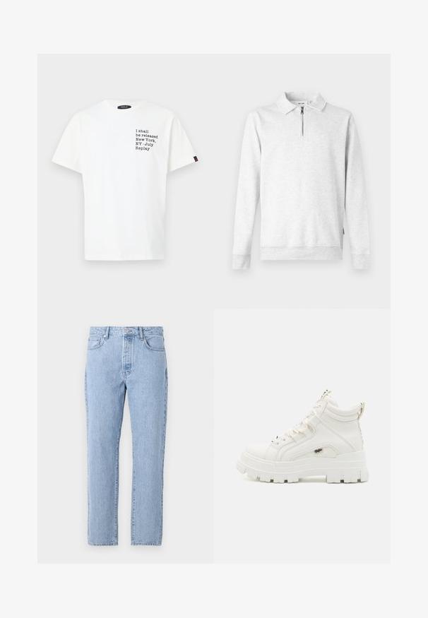 Lys grå sweatshirt med lynlås i kraven, lange ærmer, ribbede manchetter og kant. Fremstillet af blød, tekstureret stof. Ingen mønstre eller accenter.; Hvid bomulds t-shirt med sort tekst på fronten: "Jeg skal frigives New York, NY - Juli, Replay," med korte ærmer og rund halsudskæring.; Lysblå denim jeans med lige ben-design, fem lommer og knaplukning. Blød tekstur med en klassisk falmet finish.; Hvide ankelhøje sneakers med en struktureret overflade, tyk gummisål og polstret krave. Har snørebåndsdesign og et logo-accent.
