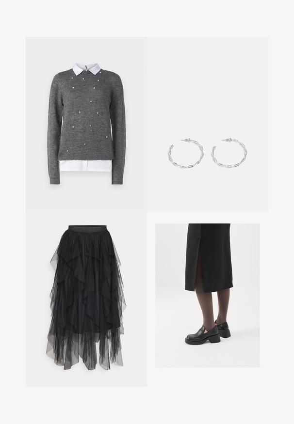 Pull gris avec un col rond, des manches longues et une chemise à col blanc en dessous. Décoré de accents perlés dispersés. Texture douce.; Jupe en tulle noir avec des volants superposés, dotée d'une taille élastique et de longueurs variées. La texture transparente renforce la profondeur visuelle.; Chaussures noires en cuir avec un bout arrondi, un épais talon bloc et des accents latéraux élastiques, associées à des bas foncés et une jupe noire avec une fente.; Boucles d'oreilles en argent en forme de créoles avec un design torsadé, dotées d'une finition polie et d'une fermeture à poussoir. Mesurent environ 3 cm de diamètre.