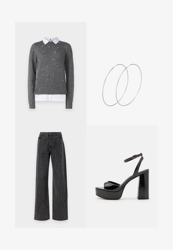 Hall Grey-swetri, ümmarguse kaelusega, pikkade varrukatega ja valge kraega alusseelikuga. Kaunistatud hajusate pärlitaoliste detailidega. Pehme tekstuur.; Noisy May NMJANNEL LOOSE - Avar lõikega teksad - black denim; Must mustast nahkplaadist platvormsandaalid ankle rihmaga, millel on massiivne kõrge konts ja avatud varbaga disain. Sile tekstuur ja läikiv viimistlus.; Hõbedased rõngastikkaehingad minimalistlikus disainis. Ümar kuju, sile tekstuur ja õhuke profiil. Kerged ning poleeritud viimistlusega.