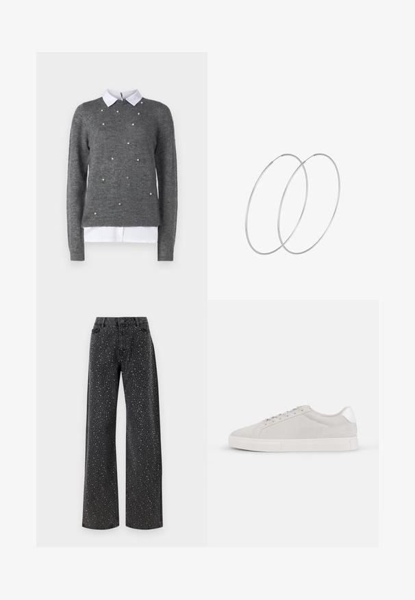 Maglione grigio con scollatura rotonda, maniche lunghe e sottoveste bianca con colletto. Decorato con accenti a forma di perla sparsi. Texture morbida.; Noisy May NMJANNEL LOOSE - Jeans baggy - black denim; Sneaker in suede grigio chiaro con punta arrotondata, suola bianca piatta e accento argentato sul tallone. Design con lacci e dettagli di cucitura minimi.; Orecchini a cerchio in argento con un design minimalista. Forma circolare, superficie liscia e profilo sottile. Leggeri con una finitura lucida.