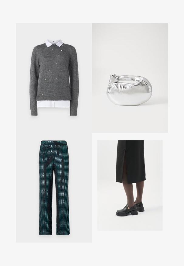 Grå sweater med rund halsudskæring, lange ærmer og hvid kraver undertrøje. Dekoreret med spredte perle-lignende detaljer. Blød tekstur.; Sorte bukser med pailetter i turkis og sølv, løst fit og elastisk talje.; Sorte lædersko med rund tå, kraftig blokhæl og elastiske sideaccentuer, parret med mørke strømpebukser og en sort nederdel med slids.; Sølvmetallic pose med en blød, rund form og en knyttet lukning foroven. Fremstillet af glat faux lædermateriale.; Sølvøreringe med et minimalistisk design. Cirkulær form, glat tekstur og tynd profil. Letvægtige med en poleret overflade.