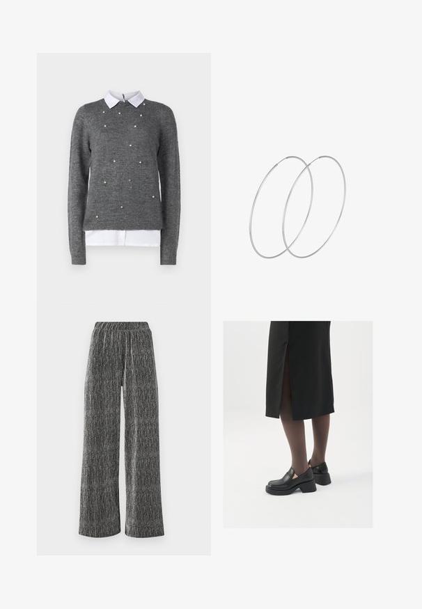 Grijze sweater met een ronde halslijn, lange mouwen en een wit overhemd met kraag eronder. Versierd met verspreide parelachtige accenten. Zachte textuur.; Brede pijpbroeken van een gestructureerd zwart en zilver materiaal, met een aansluitende elastische tailleband en verticale gestreepte patroon.; Zwarte leren schoenen met een ronde neus, dikke blokhak en elastische zijkanten, gecombineerd met donkere panty's en een zwarte rok met een split.; Zilveren hoepel oorbellen met een minimalistisch ontwerp. Cirkelvormig, gladde textuur en dun profiel. Lichtgewicht met een gepolijste afwerking.