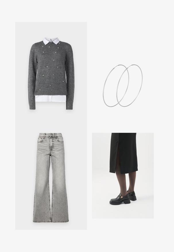 Siv sweater z okroglo ovratnikom, dolgimi rokavi in belim ovratnim majicama. Okrašen z razpršenimi bisernimi detajli. Mehka tekstura.; Visoke, široke kavbojke iz svetlo sive denima. Imajo zaponko s gumbom in zadrgo, sprednje žepke ter vidne šive.; Črne usnjene čevlje s zaobljenim prstom, debelim blokastim petama in elastičnimi stranskimi detajli, v kombinaciji s temno nogavicami in črno krilo z razporkom.; Srebrne uhane v obliki obroča z minimalističnim dizajnom. Krožna oblika, gladka tekstura in tanek profil. Lahki s poliranim zaključkom.