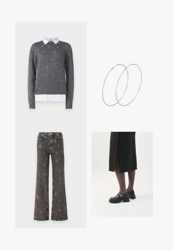 Sivi pulover s okruglim izrezom, dugim rukavima i bijelom majicom s ovratnikom ispod. Ukrašen raspršenim detaljima koji nalikuju biserima. Meka tekstura.; Crni traper flared traperice s izblijedjelim uzorkom zvijezda, s pet džepova, petljama za remen i zatvaranjem na dugme sprijeda.; Crne kožne cipele s zaobljenim vrhom, debelim blok petama i elastičnim bočnim detaljima, uparene s tamnim čarapama i crnom suknjom s prorezom.; Srebrne okrugle naušnice s minimalističkim dizajnom. Kružni oblik, glatka tekstura i tanak profil. Lagane s poliranim završetkom.