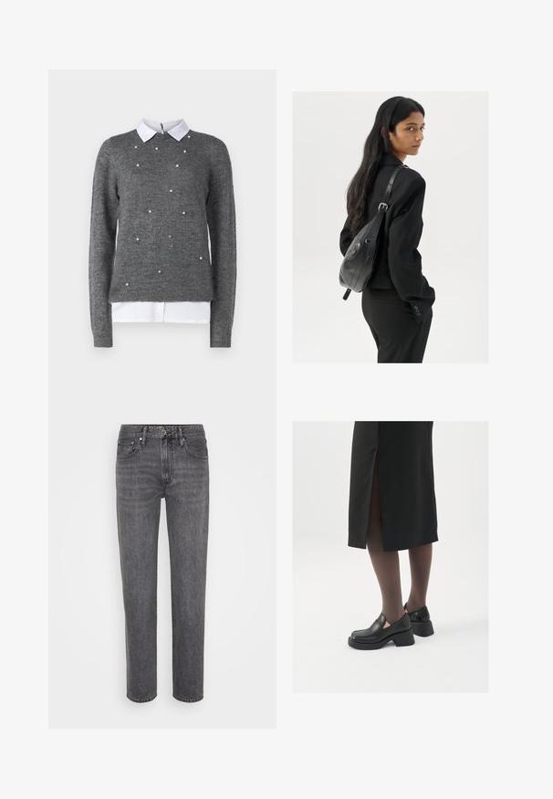 Pilkas megztinis su apvaliu kaklu, ilgomis rankovėmis ir baltu apatinio marškinio apykakle. Papuoštas išmėtytais perlų panašiais akcentais. Minkšta tekstūra.; Juodos džinsinės kelnės su tiesiu kirpimu, klasikiniu penkių kišenių stiliumi ir sagų užsegimu, su subtiliu nudėvėjimu ir siuvimo detalėmis.; Juodos odinės bateliai su apvaliu nosiu, stora blokine pakulne ir elastingais šonais, derinami su tamsiomis pėdkelnėmis ir juoda sijonu su plyšiu.; Moteris su ilgais tamsiais plaukais, vilkinti juodą kostiumą, nešanti juodą odinę rankinę per petį, žvelgia per petį prieš balto fono.; Sidabrinės pusmėnulio auskarai minimalistiniu dizainu. Apskritimo forma, lygus paviršius ir plonas profilis. Lengvi su poliruotu apdailu.