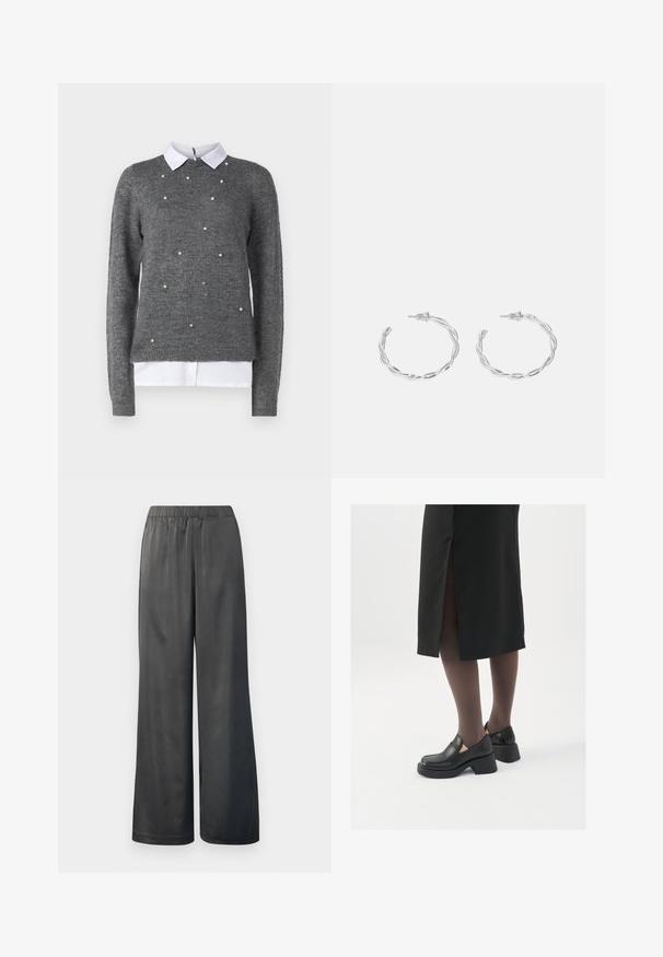 Sivi pulover s okruglim izrezom, dugim rukavima i bijelom majicom s ovratnikom ispod. Ukrašen raspršenim detaljima koji nalikuju biserima. Meka tekstura.; Crne hlače širokog kroja s elastičnom strukom; glatka, sjajna tekstura; puna duljina; bez vidljivih uzoraka ili hardverskih detalja.; Crne kožne cipele s zaobljenim vrhom, debelim blok petama i elastičnim bočnim detaljima, uparene s tamnim čarapama i crnom suknjom s prorezom.; Srebrne naušnice s obručima i uvijenim dizajnom, s poliranim završetkom i pričvršćivanjem na stražnjoj strani. Mjere otprilike 3 cm u promjeru.