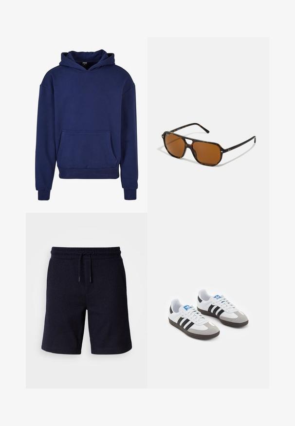 Felpa blu navy realizzata in tessuto morbido, con una grande tasca frontale, polsini e orlo a coste, e cappuccio con cordino.; T-shirt bianche in cotone con design a girocollo, caratterizzate da maniche corte e vestibilità standard. Tre magliette sono disposte in fila.; Pantaloni corti blu navy con elastico in vita e lacci. Tessuto strutturato con finitura liscia, caratterizzati da cuciture laterali.; Scarpe sportive con tomaia in pelle bianca, punta in suede grigia e tre strisce nere. Presentano un logo blu sulla linguetta e una suola in gomma testurizzata.; Occhiali da sole tartaruga con lenti marroni, forma rettangolare e dettagli in metallo sulla montatura. Design elegante con aste sottili.