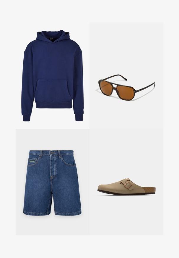 Sudadera azul marino hecha de tejido suave, con un gran bolsillo frontale, puños y dobladillo acanalados, y capucha con cordón.; Pantalones cortos de mezclilla en azul oscuro con un corte clásico, que cuentan con bolsillos frontales, pasadores para cinturón y una etiqueta de marca visible en el bolsillo izquierdo.; Zuecos beige con puntera redondeada, acento de hebilla ajustable y plantilla de corcho. Superficie texturizada con suela de goma negra para mayor agarre.; Gafas de sol carey con lentes marrones, forma rectangular y acentos metálicos en la montura. Diseño elegante con brazos delgados.