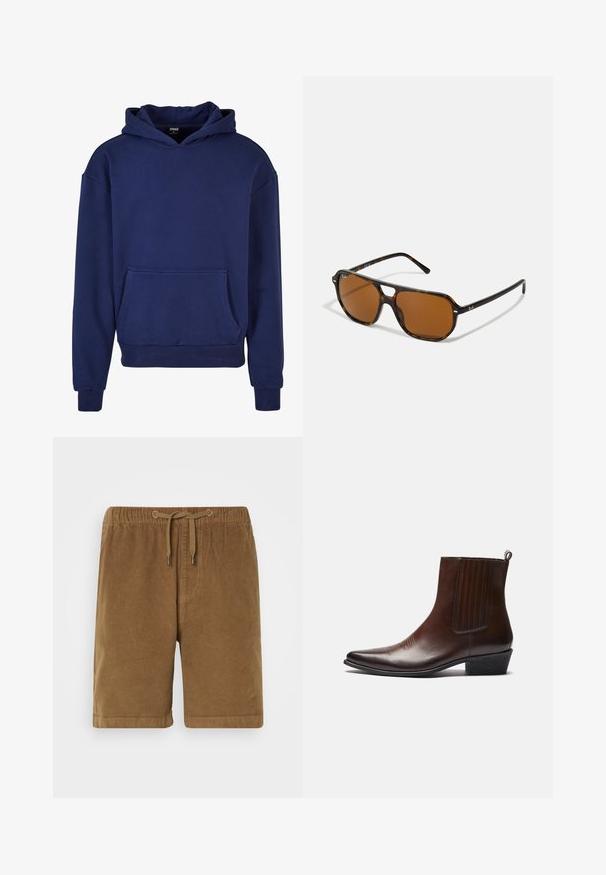 Mörkblå hoodie i mjukt tyg, med en stor framficka, ribbade manschetter och nederkant, samt en justerbar huva.; Bruna kordflorshorts med elastisk midjeband och dragsko, med rak passform och uppvikta fållar. Enkelt design, strukturerad tyg.; Brun läderankelstövel med spetsig tå, elastiska sidopaneler, texturerad detaljering framtill och en låg staplad klack.; Sköldpaddsformade solglasögon med bruna linser, rektangulär form och metallaccenter på ramen. Snygg design med smala skalmar.