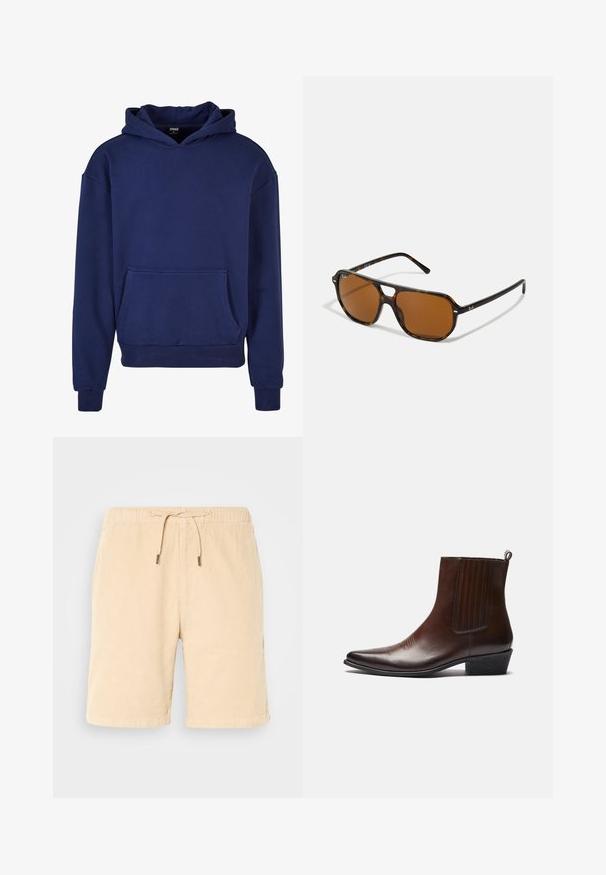 Hoodie in Marineblau aus weichem Stoff, mit großer Fronttasche, gerippten Bündchen und Saum sowie einer Kapuze mit Kordelzug.; Beige Cordshorts mit elastischem Bund und Kordelzug. Mit seitlichen Taschen und geradem Schnitt. Weiche Textur und glatte Oberfläche.; Braune Leder-Ankle-Boots mit spitzer Spitze, elastischen Seitenteilen, strukturierten Details auf der Vorderseite und einem niedrigen, gestapelten Absatz.; Schildpatt-Sonnenbrille mit braunen Gläsern, rechteckiger Form und Metallakzenten am Rahmen. Schlankes Design mit dünnen Bügeln.