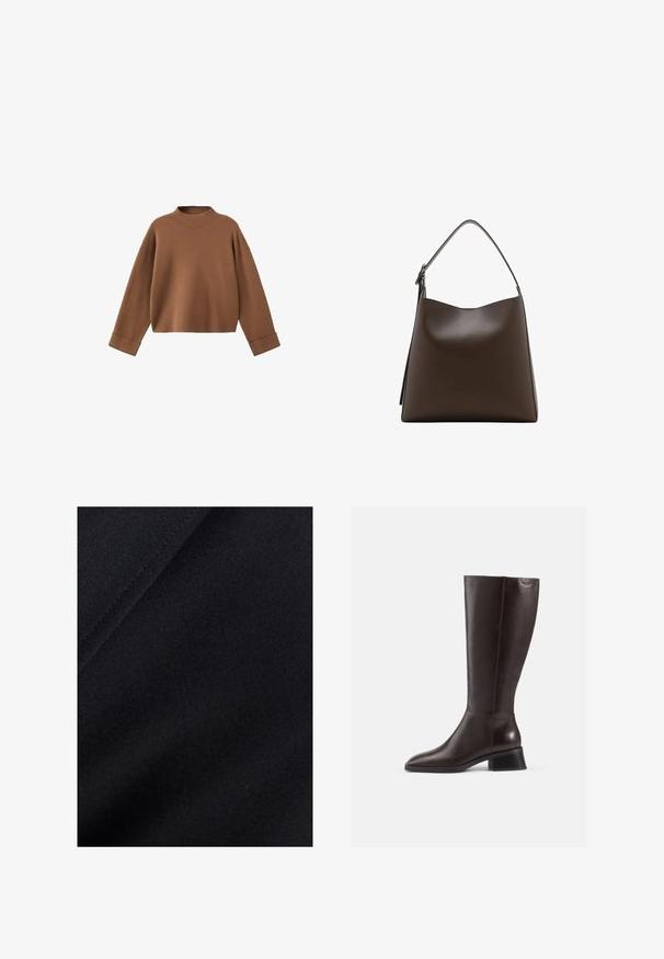 Suéter de punto marrón con un cuello alto, hombros caídos y puños amplios. Textura suave y diseño corto.; Tejido negro con una textura suave, que presenta variaciones sutiles en el brillo y un ligero estiramiento, ideal para prendas o tapicería.; Botas de cuero marrón hasta la rodilla con un acabado suave, punta redonda y un tacón negro de pala. Diseño simple con detalles de herrajes mínimos.; Bolso de cuero marrón con una parte superior curvada, correa de hombro única y una textura suave. Presenta un diseño minimalista y un cierre abierto.