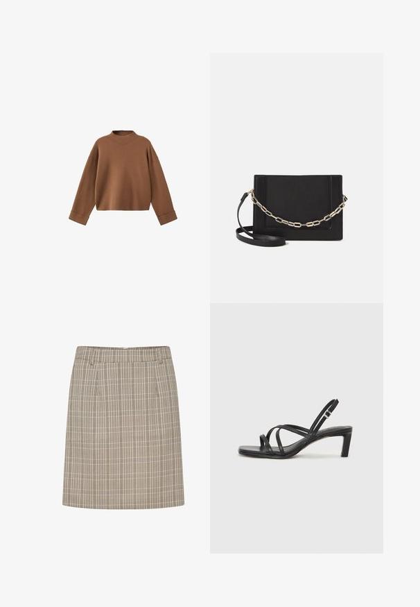 Brązowy sweter dzianinowy z wysokim kołnierzem, opuszczonymi ramionami i szerokimi mankietami. Miękka tekstura i krótkie wykończenie.; Spódnica w kratę z dopasowanym pasem, zawierająca pionowe i poziome linie w kolorach beżowym i brązowym, uszyta z lekkiego materiału.; Czarne sandały na obcasie z prostokątnym noskiem i niskim słupkowym obcasem. Posiadają wiele cienkich pasków i regulowany pasek na kostkę. Wykonane z gładkiej skóry.; Czarna skórzana torebka typu crossbody z gładką teksturą, prostokątnym kształtem oraz metalowym detalem w postaci łańcuszka z przodu. W zestawie regulowany pasek.