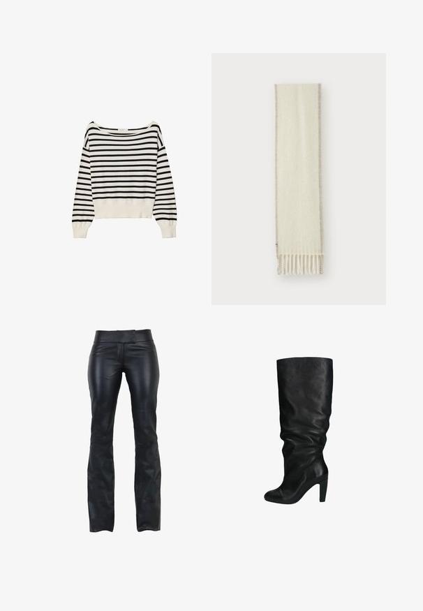 Sweater rayé noir et blanc avec un large col bateau, des manches longues et un ourlet côtelé serré à la taille. Texture douce et tricotée.; Pantalons en cuir noir à coupe slim, taille plate et évasement en bas. Texture lisse et design minimaliste sans quincaillerie visible.; Bottes noires en cuir montant jusqu'au genou avec un design décontracté, bout rond et un petit talon carré. Texture lisse, sans matériel ni accents visibles.; Écharpe crème en matériau doux, avec une bordure beige et des extrémités à franges. La texture paraît lisse et chaude.; Sac à main en cuir vert olive, de forme arrondie, avec deux poignées et une façade sans couture. Il présente une texture lisse et des détails de couture subtils.