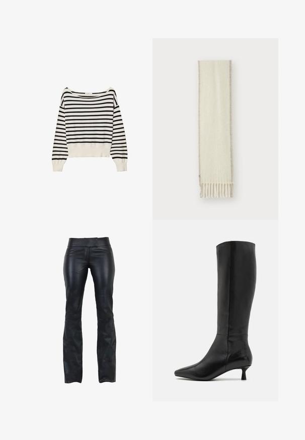 Schwarz-weißer gestreifter Pullover mit weitem Bootsausschnitt, langen Ärmeln und engem Rippenbund an der Taille. Weiche, gestrickte Textur.; Schwarze Lederhosen mit schlanker Passform, flachem Bund und Schlag am Ende. Sanfte Textur und minimalistisches Design ohne sichtbare Beschläge.; Zign Stiefel - black; Cremfarbener Schal aus weichem Material mit beiger Bordüre und fransigen Enden. Die Textur wirkt glatt und warm.; Olivengrünes Lederhandtasche mit einer runden Form, doppelten Griffen und nahtlosem Vorderteil. Verfügt über eine glatte Textur und subtile Nähdetails.