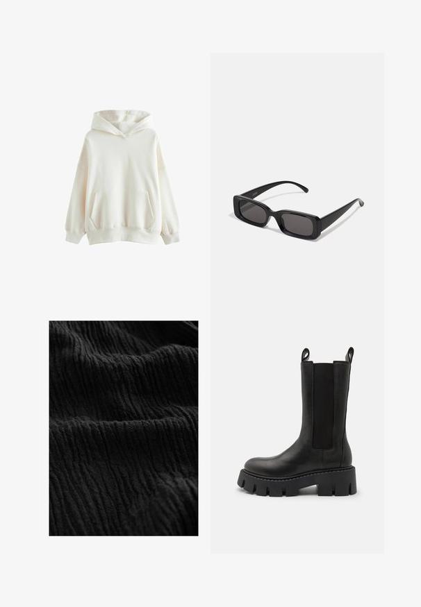 Biała bluza z kapturem, wykonana z miękkiego materiału, z przednią kieszenią, ściągaczami na rękawach oraz luźnym krojem z podwójnym kapturem.; Czarny, pomarszczony materiał o fakturowej powierzchni, z głębokimi rowkami i różnymi odcieniami, tworzącymi wrażenie trójwymiarowości.; Czarne skórzane botki za kostkę z elastycznymi panelami bocznymi, uchwytami do zakupu, grubą, żłobioną podeszwą i wzmocnionymi detalami szwów. Powierzchnia ma gładką teksturę.; Czarne prostokątne okulary przeciwsłoneczne z ciemnymi szkłami, błyszczącym wykończeniem, szerokimi zausznikami i masywną konstrukcją. Wygrawerowana nazwa marki na jednym z zauszników.