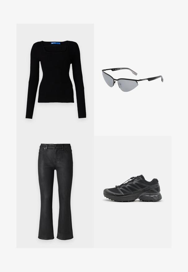 Černý žebrovaný pletený top s dlouhým rukávem, čtvercovým výstřihem a přiléhavým střihem, vyrobený z texturované látky, bez viditelných kovových prvků nebo dekorací.; Černé zvonové džíny vyrobené z denimu; mají standardní design s pěti kapsami, poutka na opasek a přední zapínání na knoflík. Hladká textura, střední výška.; Černá běžecká obuv s vrškem z prodyšné síťoviny a syntetického materiálu, flexibilní podešev a elastické šňůrky. Obsahuje polstrovanou mezipodešev pro pohodlí.; Černé sluneční brýle s ostrým designem ve stylu kočičích očí. Stříbrné zrcadlové čočky. Štíhlé, lehké plastové rámy s jemným brandingem na spáncích.