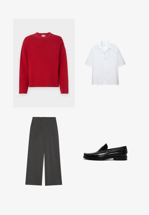 Red knitted sweater with a crew neck and dropped shoulders. Features a textured finish and a relaxed fit. No visible patterns or accents.; Short-sleeve white button-up shirt made of smooth fabric, featuring a classic collar and a relaxed fit. No visible patterns or accents.; Wide-leg trousers in dark grey fabric, featuring a pleated front, two side pockets, and a flat waistband. Smooth texture and tailored design.; Black leather loafers with a rounded toe, stitched detailing along the edges, and a low block heel. Smooth texture and minimalist design.